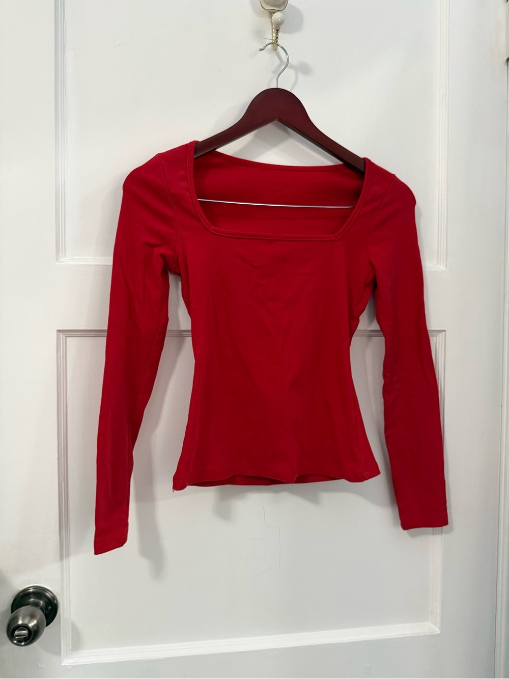 Slim Fit Red Square Neck Long Sleeve Tee